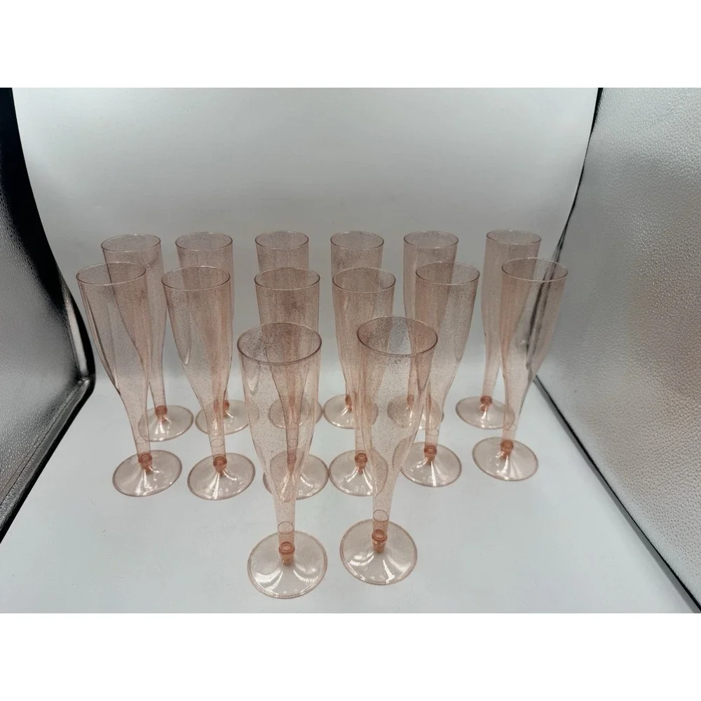 Set Of 14 Rose Gold Pink Disposable Glitter Plastic Champagne Glasses